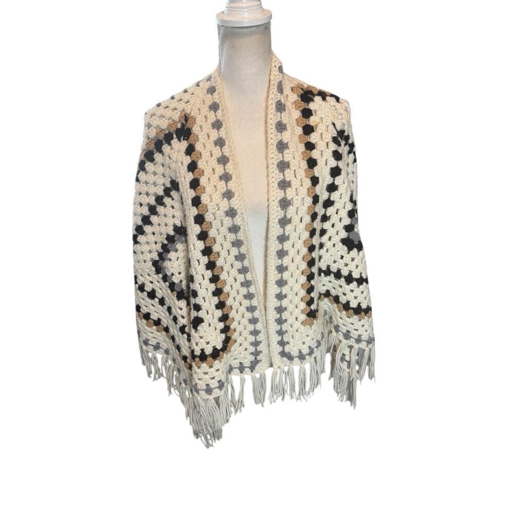 Vtg Crochet Fringe Handmade Triangle Shawl Black & White Brown Hippie Boho